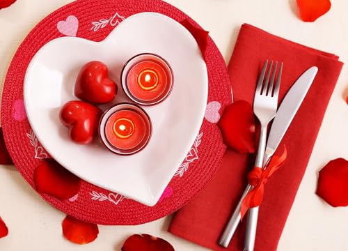 4 Pcs Round Valentine's Day Red Pink Placemats Embroidered Place Mats Love Heart Table Mat Decorative Dinner Table Mats for Home Wedding Anniversary Party Decor (4 Count)