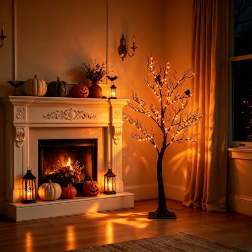 Halloween Tree with Lights Plug in 4FT 150 Orange Fairy Lights