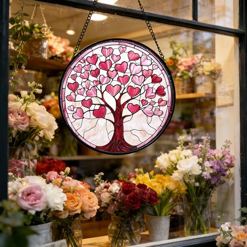 Pink Heart Tree Stained Glass Window Hanging Suncatcher Gifts Decor 7.8"