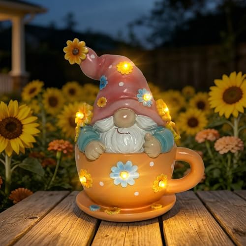 Outdoor Garden Gnome Statue in Teacup with Sunflower Light