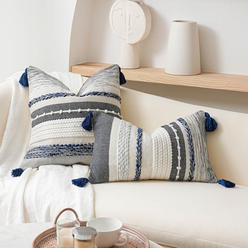 Navy Dark Blue Boho Throw Pillow Cover 22x22 Grey Decorative Accent Pillow for Couch Square Woven Textured Pillowcase Modern Boho Pillow for Bed