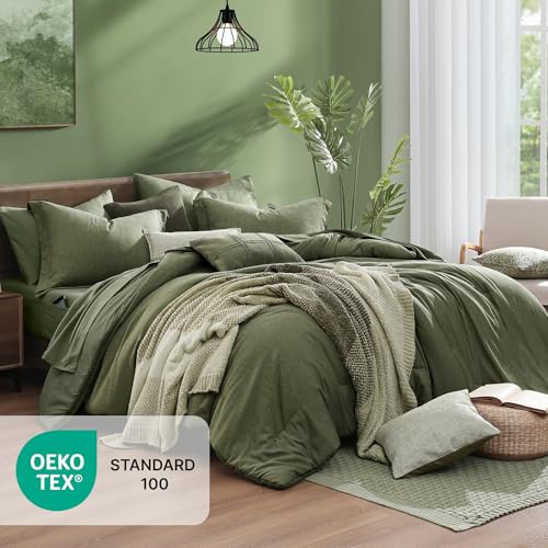 Super King Comforter Set Olive Green 7 Pieces Bed in a Bag