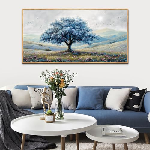 Wood Framed Canvas Wall Art For Living Room Large Wall Decor For Office Bedroom Decorations Blue Tree Landscape Pictures Farmhouse Paintings Artwork Wall Mural Modern Home Decor 30x60 In