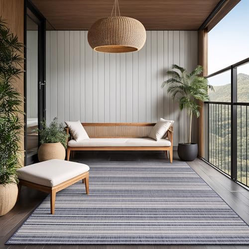 Stripe Outdoor Rug 8x10 Washable Outside Carpet for Indoor Patio Porch Waterproof Easy Cleaning Non Shedding Area Rugs Blue 8 x 10