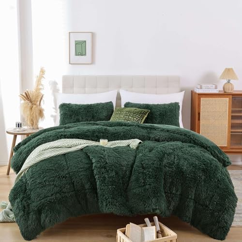 Fluffy King Size Comforter Set Dark Green Faux Fur Comforter 3 Pcs