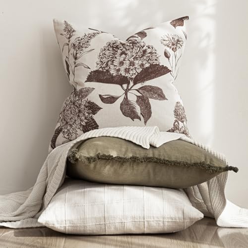 Set of 2 Linen Floral Throw Pillow Covers Neutral Vintage Print Decorative Cushion Covers Farmhouse Boho Home Decor for Sofa Chair Couch Bedroom Living Room (2 Count)