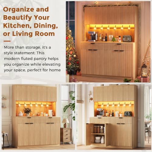 Fluted Kitchen Pantry Storage Cabinet with Charging Station & LED Lights
