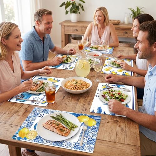 Blue and Yellow Lemons Placemats Set of 6 17×12 Inch Summer Lemon (6 Count)
