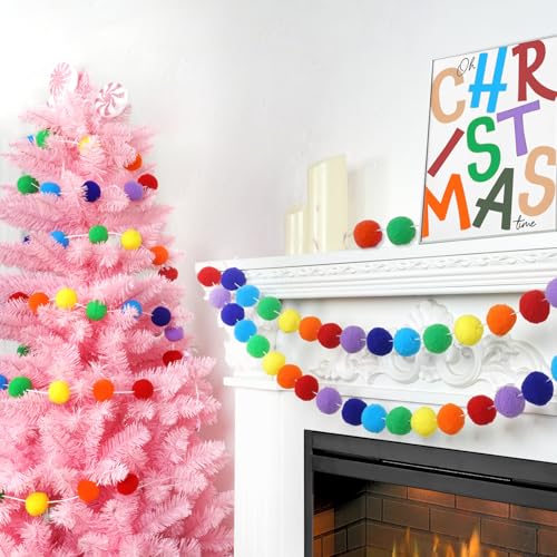 2pk Rainbow Color Pom Pom Garland 13FT Colorful Large Felt Ball Garland for Mantle (26 Foot)
