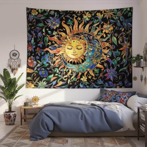Sun and Moon Tapestry for Bedroom Boho Hippie Floral Wall Tapestry Aesthetic Vintage Stained Glass Plant Small Tapestries Wall Hanging for Living Room Dorm 60 x 44 Inch