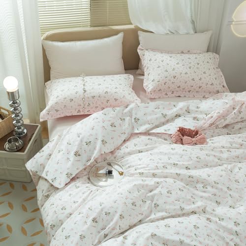 Garden Pink Floral Comforter Set Queen Size Vintage Boho Floral Bedding Comforter Queen with 2 Pillowcases Fluffy Soft All Seasons Bedding Set Cottagecore Flowers Botanical Comforter Set