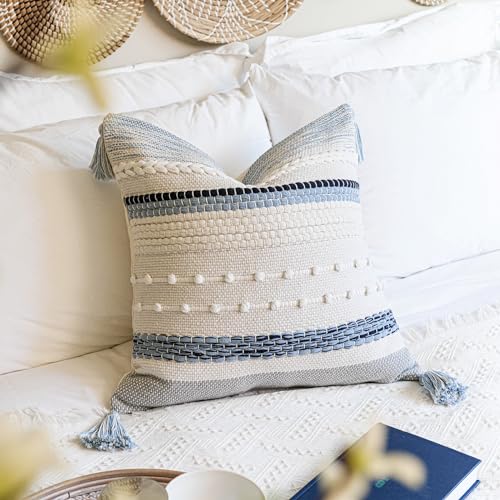 Coastal Blue Boho Decorative Throw Pillow Cover 22x22 Modern Bohemian Accent Pillow Case Square Woven Textured Farmhouse Pillows for Couch Bed