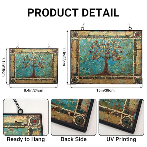 Rectangle Tree of Life Stained Glass Window Hanging Sun Catcher Halloween Haning Ornament Decoration Christmas Birthday Gifts for Lover Friends Mother