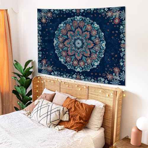 Boho Floral Mandala Tapestry Wall Hanging Blue Bohemian Flower Medallion Tapestry Aesthetic Vintage Navy Hippie Indian Small Tapestries for Bedroom Living Room Dorm Decor 40 x 30 Inch