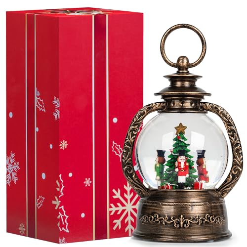 Christmas Snow Globe Lantern Water Glittering Nutcrackers with Music & Timer