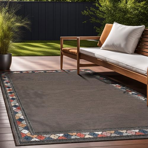 Outdoor Rug 8x10 Modern Bordered Area Rugs for Indoor and Outdoor Patio Easy to Clean Non Shedding Living Room Porch Garden Washable Outside Carpet