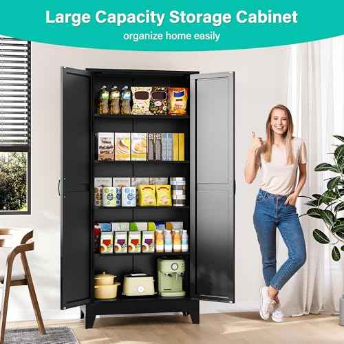 Wide & Deep Pantry Storage Cabinets with 2 Doors and 5 Shelves