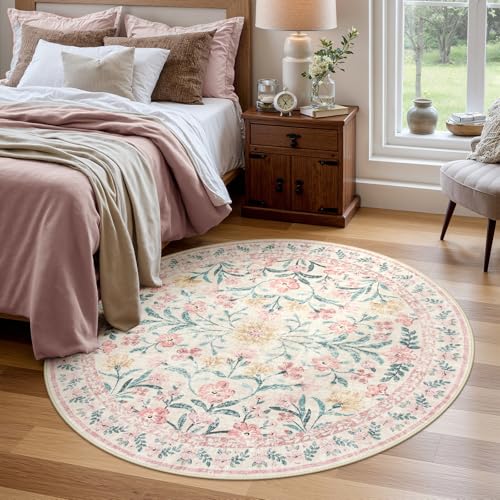 Pink Floral Round Rugs 5ft