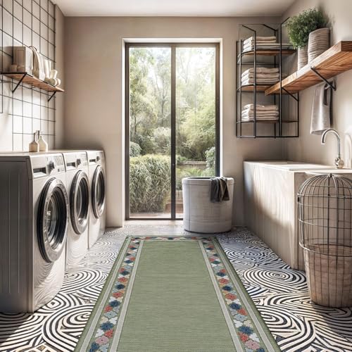 Outdoor Runner Rug 2x7 Modern Floral Bordered Area Rugs for Indoor and Outdoor Patio Easy to Clean Non Shedding Living Room Porch Garden Washable Outside Carpet (14 Sq Ft)
