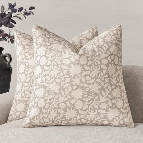 Set of 2 Decorative Neutral Floral Throw Pillow Covers Accent Farmhouse Cushion Covers Boho Vintage Pillowcase for Couch Sofa Bedroom Living Room Home Decor (2 Count)