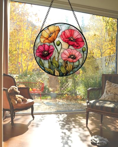 Poppy Flower Stained Glass Window Hanging Suncatcher Gifts for Women 6.3"