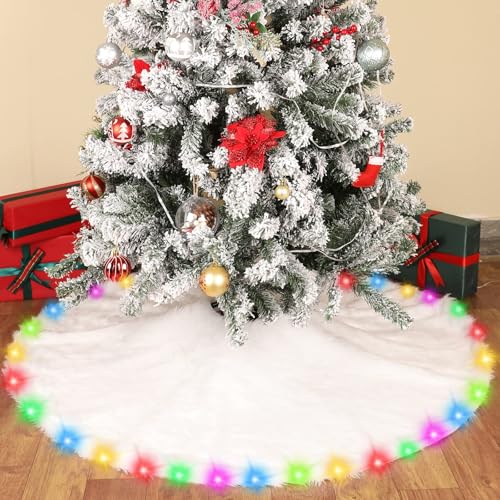 30 Inch Faux Fur Christmas Tree Skirt with LED Lights Soft Snow White Plush Tree Mat Christmas Decorations Fluffy Tree Skirts Xmas Holiday Party Indoor Decorations