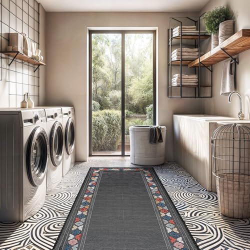 Outdoor Runner Rug 2x7 Modern Floral Bordered Area Rugs for Indoor and Outdoor Patio Easy to Clean Non Shedding Living Room Porch Garden Washable Outside Carpet (14.0625 Sq Ft)