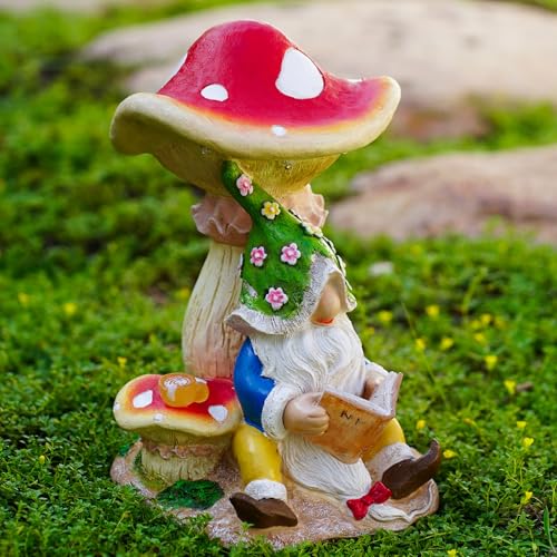 Solar Garden Outdoor Statues Gnome Reading Under Mushroom with 5 LED Lawn Decor Outside Decorations for Patio
