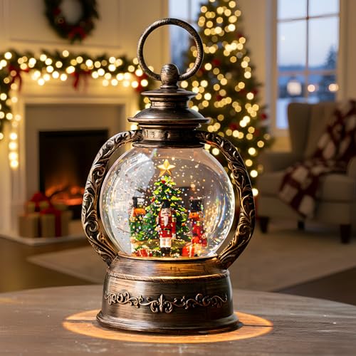 Christmas Snow Globe Lantern Water Glittering Nutcrackers with Music & Timer