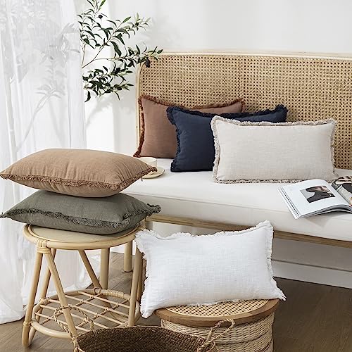 Boho Linen Fringe Lumbar Throw Pillow Covers 12×20 Natural Beige (2 Count)