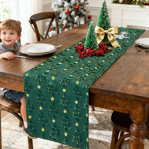 Christmas Table Runner Christmas Trees Green Soft Plush Faux Fur 13x72 Inch