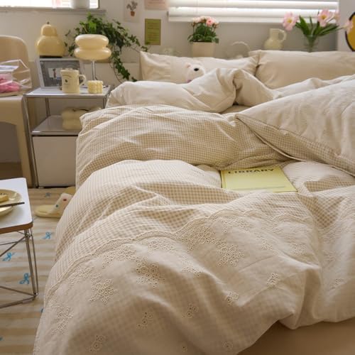 Tan Gingham Comforter Set Twin XL Princess Lace Style Vintage Plaid Checkered Comforter with 2 Pillowcases Fluffy Soft Breathable Farmhouse Grid Bedding Set Beige Taupe Plaid Comforter Set