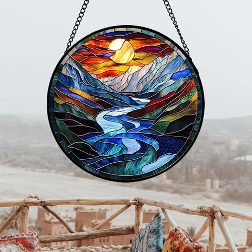 Stained Glass Window Hanging River Scenery Suncatcher Gifts for Women 7.8"
