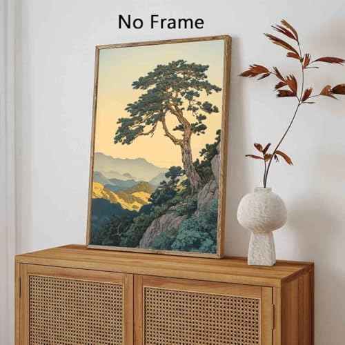 Mountain Landscape Painting Pine Tree Canvas Chinese Style Painting Forest Tree Wall Art Retro Nature Posters Green Plants Paintings Modern Abstract Picture Landscape Room Decor 16x24inch No Frame