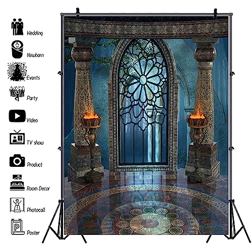 7x10ft Medieval Castle Backdrop for Photoshoot Portrait Pillar Torch Gothic Stone Tower Ancient Old Fortress Interior Photography Background Halloween Party Decor Wallpaper Photo Studio Props