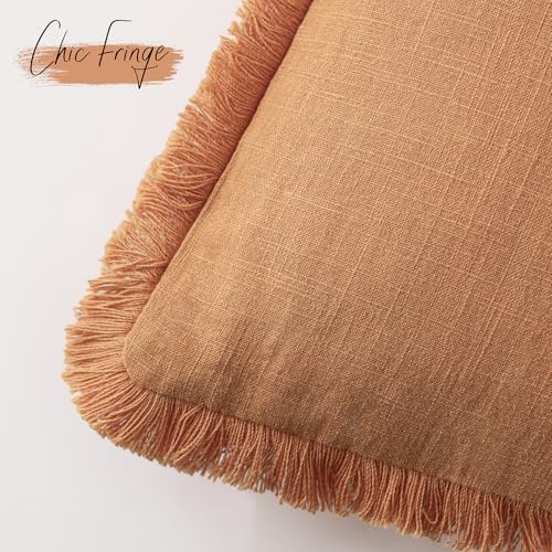 Decorative Linen Fringe Throw Pillow Covers 18×18 Dusty Orange (2 Count)