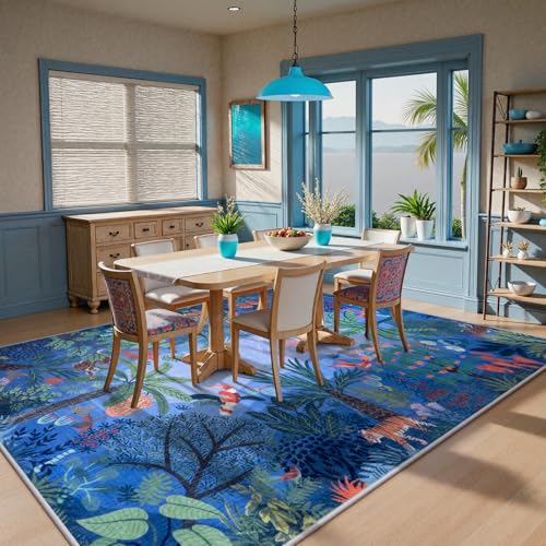 Washable Jungle Animal Print Rugs 9x12 Blue Rugs for Living Room