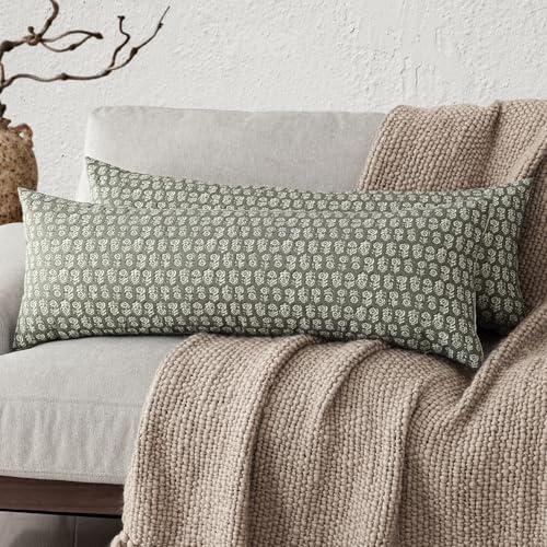 Long Floral Print Lumbar Throw Pillow Covers 14×36 Sage Green (2 Count)