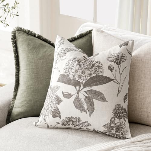 Set of 2 Linen Floral Throw Pillow Covers Vintage Accent Print Decorative Cushion Covers Farmhouse Boho Home Decor for Sofa Chair Couch Bedroom Living Room (2 Count)