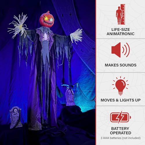 6.7-Ft. Life-Size Pumpkin Scarecrow Animatronic (79" Standing Pumpkin Man)