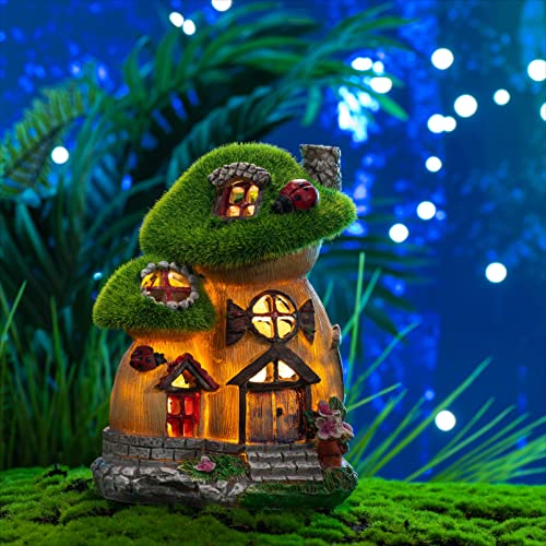 Mushroom Statue Solar Resin Flocked Garden Decor 8"