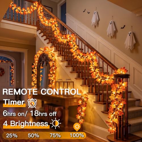 33FT Fall Garland with Lights Connectable Fall Leaves Garland Plugin