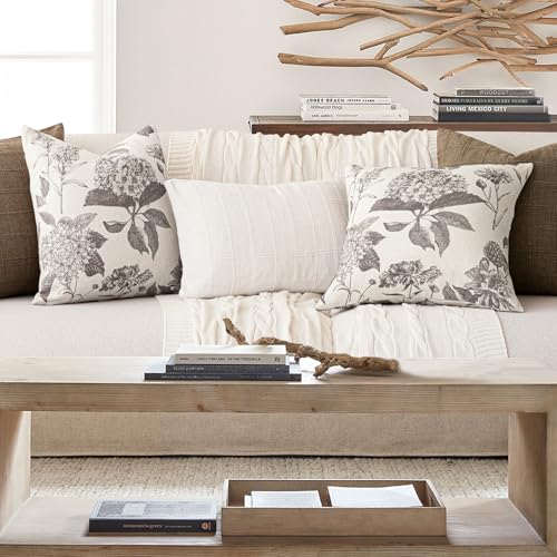Set of 2 Linen Floral Vintage Throw Pillow Covers Neutral Accent Decorative Cushion Covers Farmhouse Boho Home Decor for Sofa Chair Couch Bedroom Living Room (2 Count)