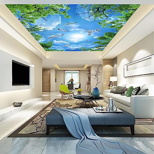 Sky Seagull Green Tree Ceiling 3D wall Mural Wallpaper 137" x 100" (95.12 Sq Ft)