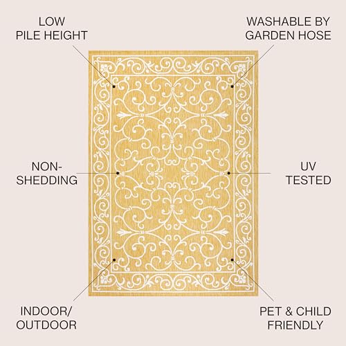 Vintage Filigree Indoor Outdoor Square Area Rug 5X5 Yellow