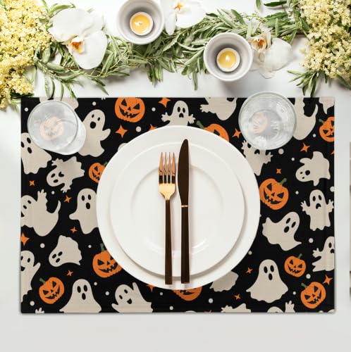 Halloween Placemats Set of 4 12x18 Inch Cute Ghost Pumpkin Table Mats Orange and Black Spooky Rustic Farmhouse Place Mat for Party Kitchen Dining Fall Decor (4 Count)