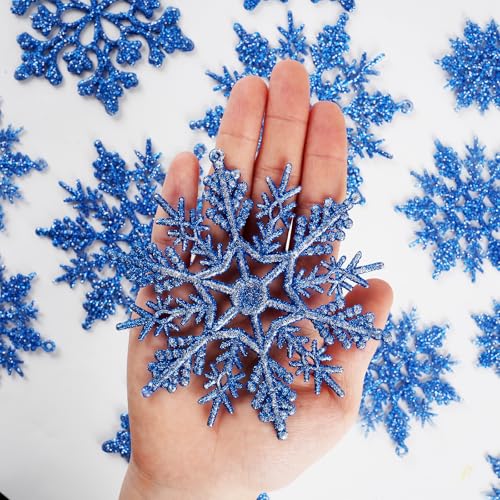 Christmas Tree Decorations Snowflake Ornaments 36Pcs Blue Silver Glitter Plastic Hanging Snowflakes from Ceiling Snow Flakes Decorating Hanging for Winter Wonderland Decorations Indoor Outdoor Decor (36 Count)