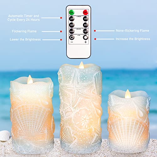 Ocean Flameless Candles with Remote Carved Seashell Real Wax Flicker Battery Operated Candles for Home Party Wedding Nautical Summer Christmas Decor (3 Count)