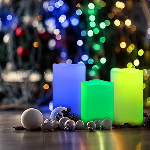 Waterproof Outdoor Color Changing Flameless Candles Remote Timer Realistic Flickering Battery Operated Fake Electric LED White Plastic Pillars for Wedding Christmas Decoration 3 Pack