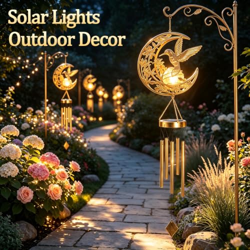 Solar Wind Chimes for Outside Hummingbird Gifts for Women Mom Grandma Sister Crackle Glass Ball Wind Chimes Solar Lights Outdoor Decor for Garden Backyard Patio Yard Porch